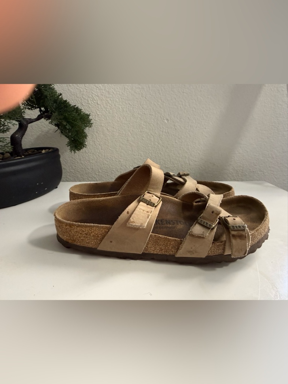 Birkenstock Women size 6 Tan Triple-Strap Suede Sandals - Picture 2 of 6